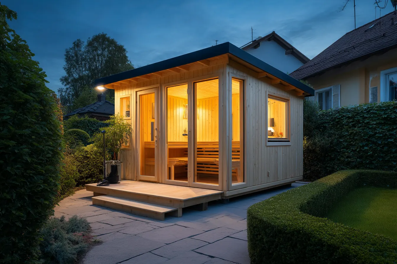 Gartensauna Kabine im Garten bei Abenddämmerung — nordische Fichte, Panoramafenster mit warmem Licht