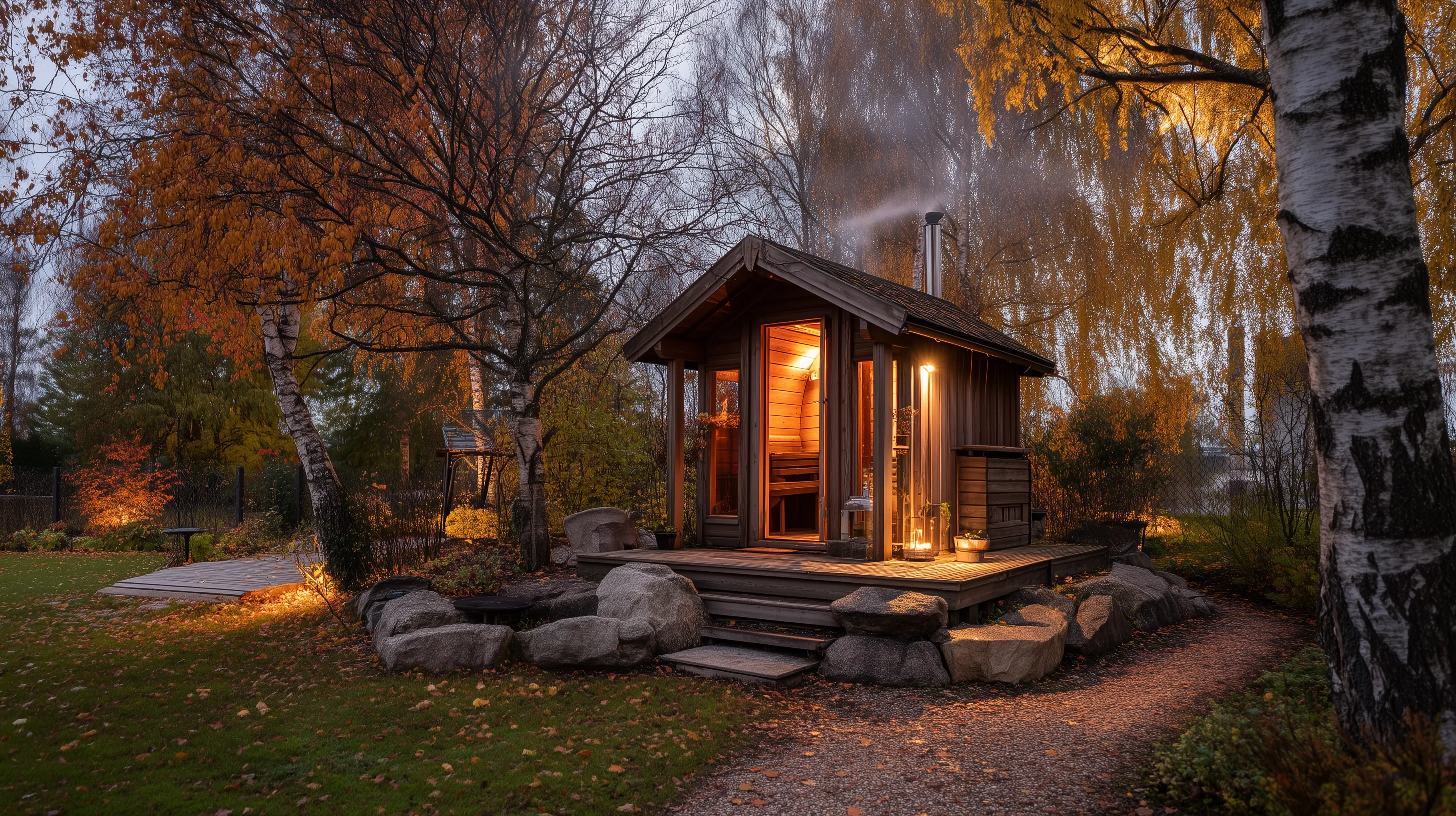 Fasssauna im herbstlichen Garten mit warmem Licht