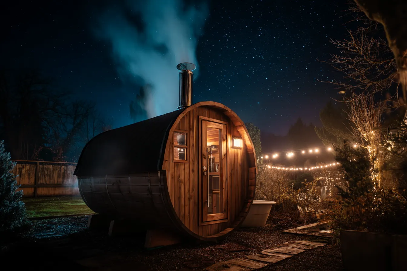 Fasssauna bei Nacht unter Sternenhimmel — warmes Licht, aufsteigender Dampf, Lichterkette